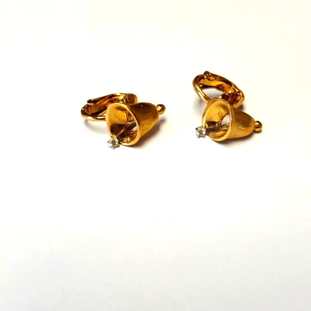 Gold Bell Drop Earrings with Clear Stone Accent